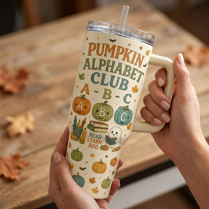 Personalized 40oz Tumbler with Handle - Pumpkin Alphabet Club Teacher Halloween Gift - Custom Name