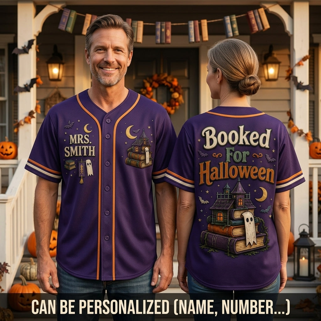 Personalized Booked For Halloween Baseball Jersey - Custom Name Spooky Bookworm Teacher Gift