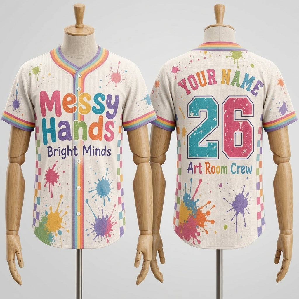 Personalized Art Room Crew Baseball Jersey - Messy Hands Bright Minds Custom Name Teacher Gift
