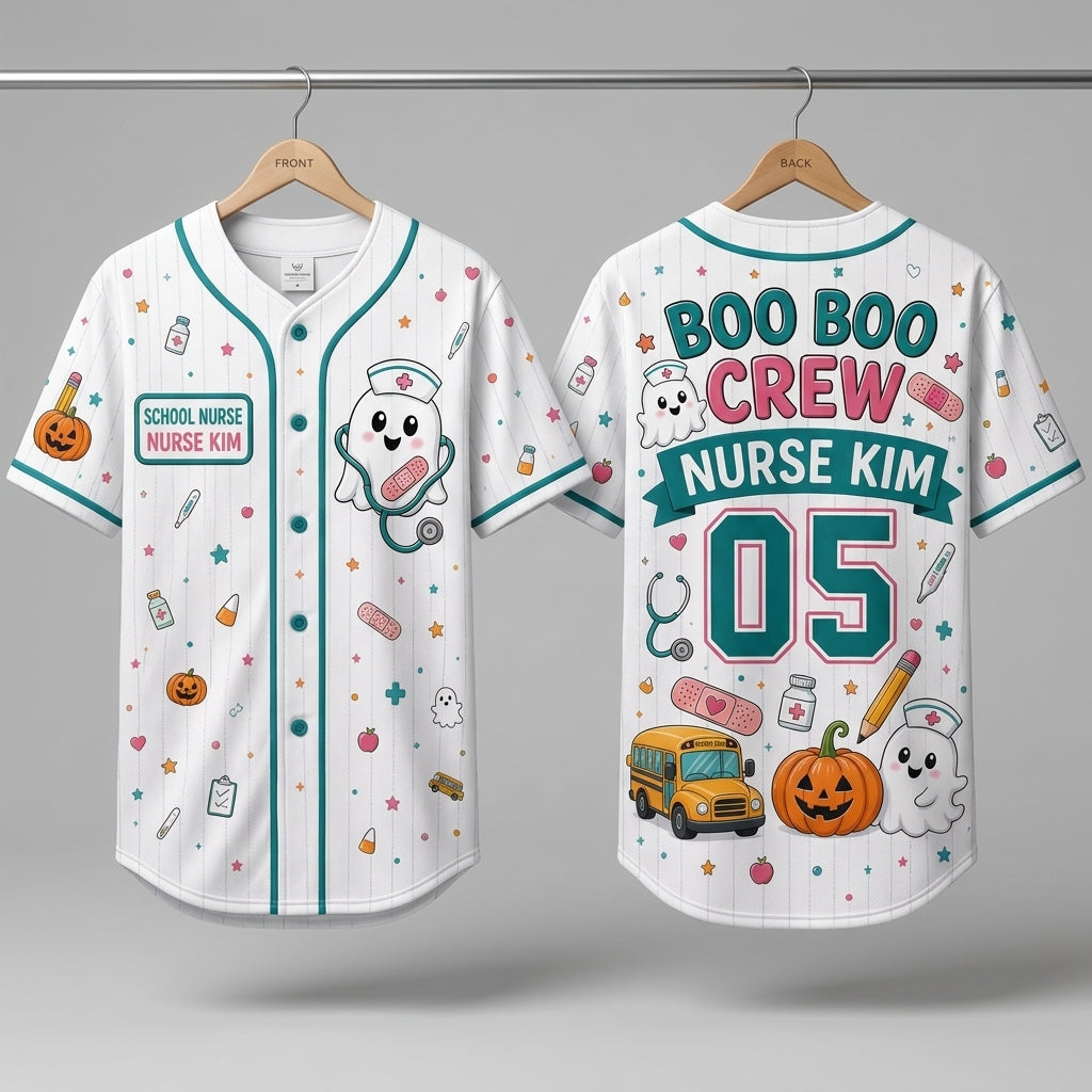 Personalized Boo Boo Crew School Nurse Baseball Jersey - Custom Name Ghost Halloween Jersey Gift