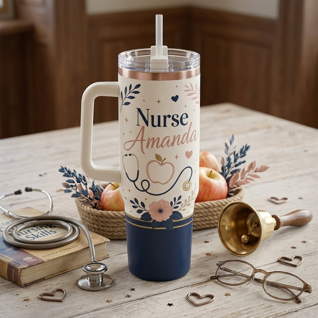 Personalized Nurse 40oz Tumbler with Handle - Custom Name Healthcare Gift - Caring Since Bell Time