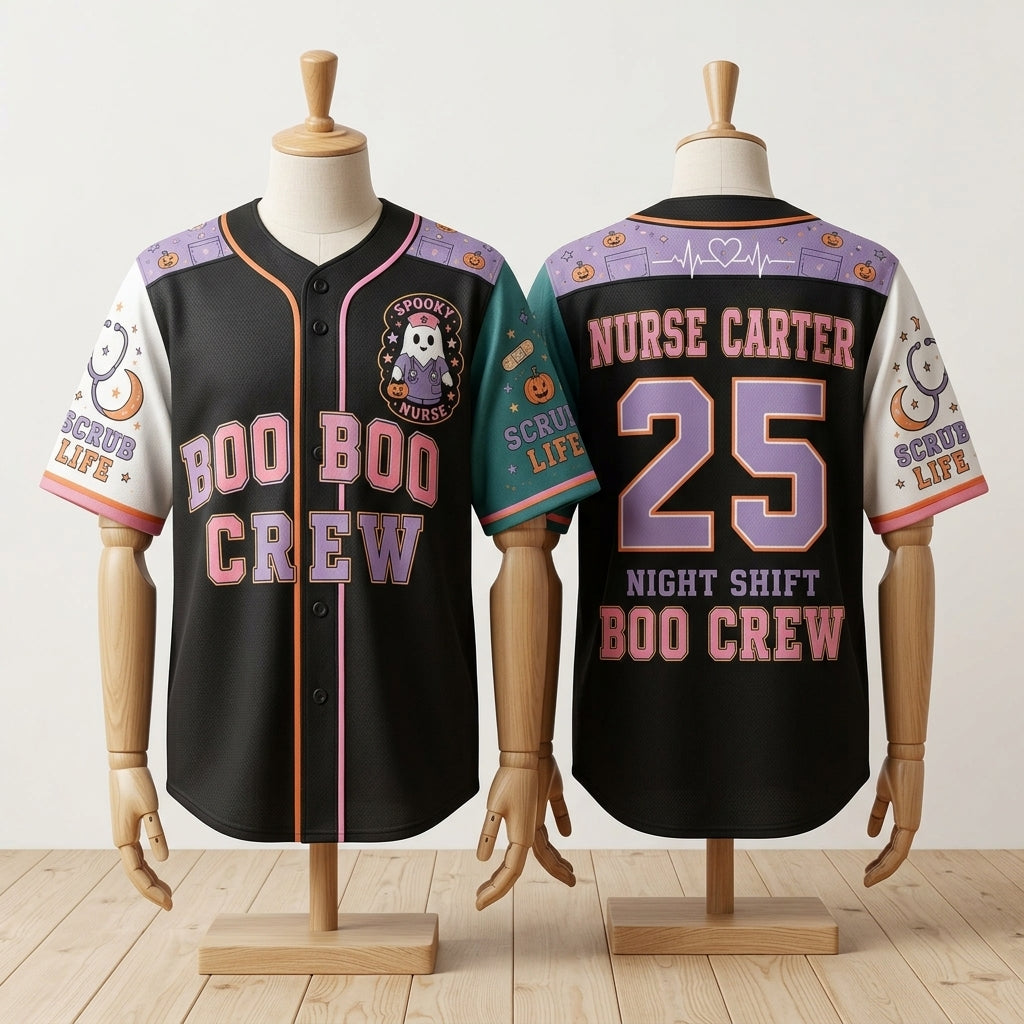 Personalized Nurse Boo Boo Crew Baseball Jersey - Custom Spooky Halloween Scrub Life Night Shift Sportswear