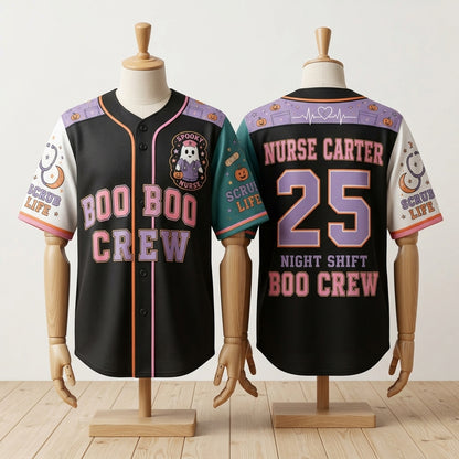 Personalized Nurse Boo Boo Crew Baseball Jersey - Custom Spooky Halloween Scrub Life Night Shift Sportswear