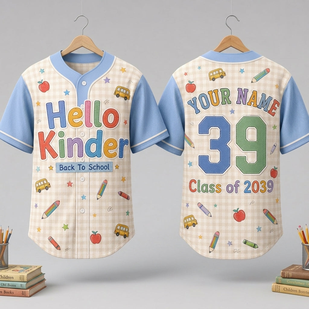 Personalized Hello Kinder Back to School Baseball Jersey - Custom Name & Number Kindergarten Shirt for Kids