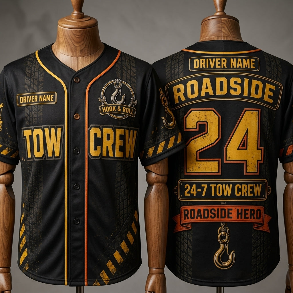 Personalized Tow Truck Driver Baseball Jersey - Custom Name Roadside Tow Crew Hook and Roll Recovery Apparel