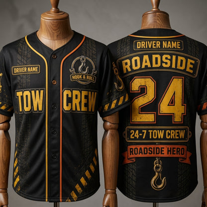 Personalized Tow Truck Driver Baseball Jersey - Custom Name Roadside Tow Crew Hook and Roll Recovery Apparel