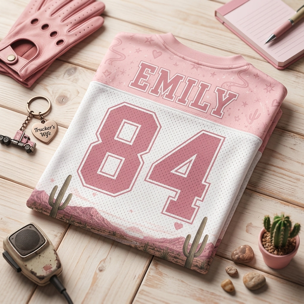 Personalized Trucker Wife Life Football Jersey - Custom Name & Number Pink Mesh Desert Western Jersey