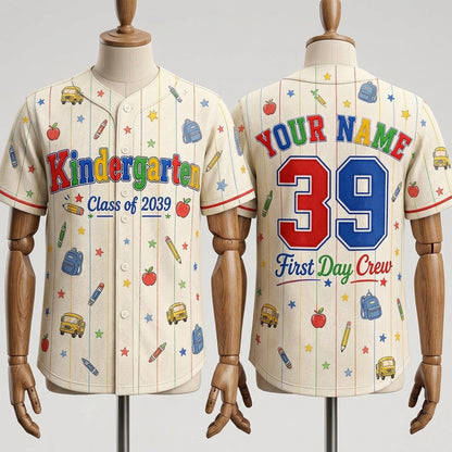 Personalized Kindergarten Class of 2039 Baseball Jersey - Custom Name First Day Crew School Shirt