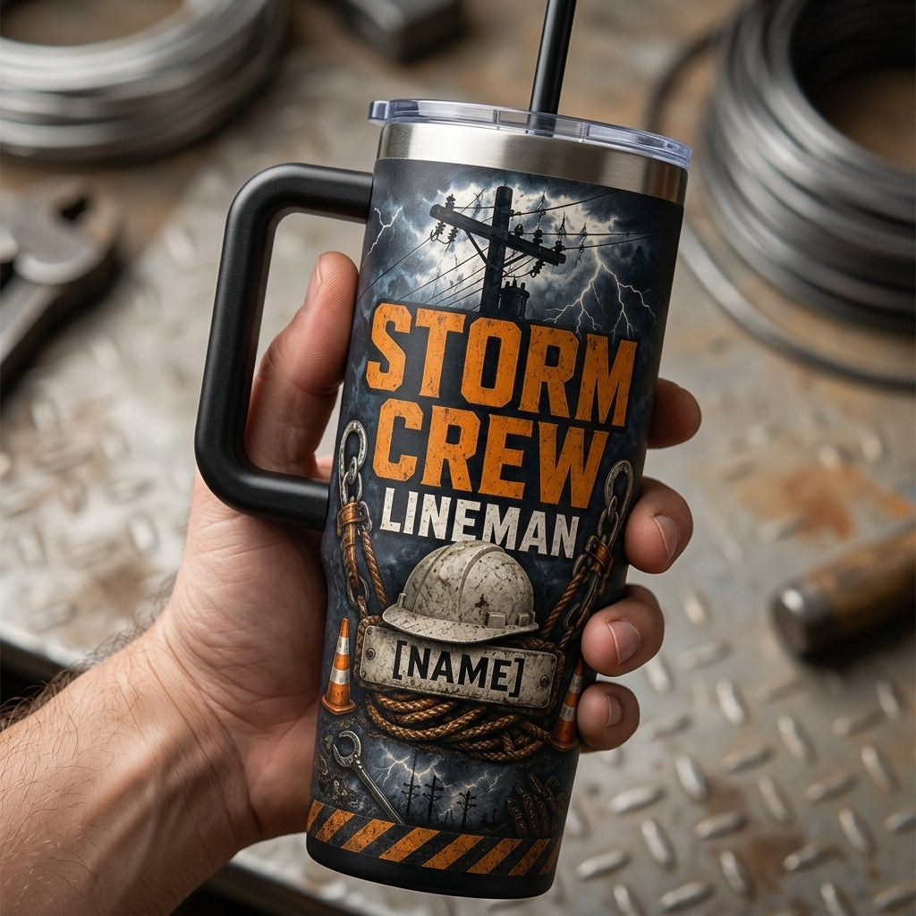 Personalized Lineman Storm Crew 40oz Tumbler with Handle, Custom Name Utility Worker Gift for Men - 40oz tumbler mockup 4
