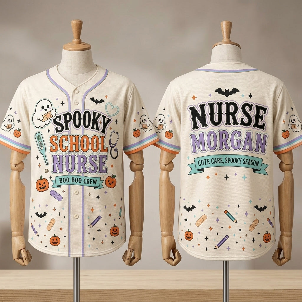 Personalized Spooky School Nurse Baseball Jersey - Custom Name Boo Boo Crew Halloween Gift for Healthcare Workers