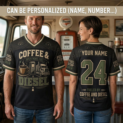 Personalized Coffee & Diesel Trucker Football Jersey - Custom Name and Number Hybrid Mesh Shirt