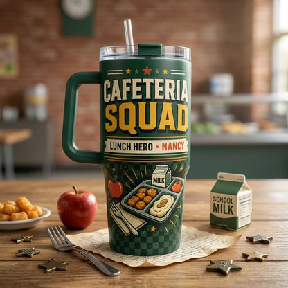 Personalized Cafeteria Squad 40oz Tumbler with Handle - Custom Name Lunch Hero School Gift