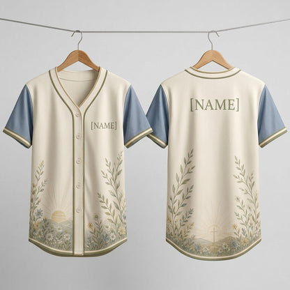 Personalized Wildflower & Sunrise Faith Baseball Jersey - Custom Name Nature Inspired Christian Button-Up Shirt