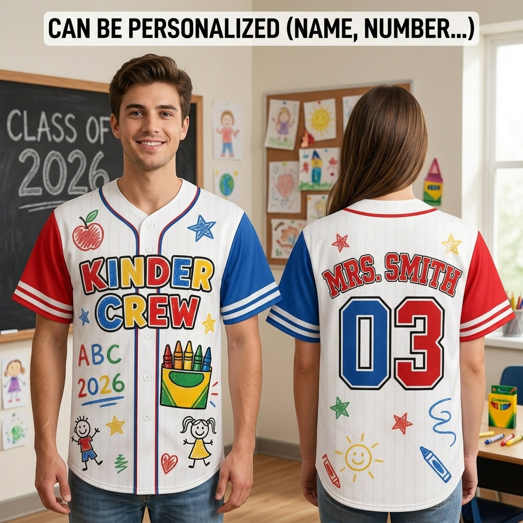 Personalized Kinder Crew Teacher Baseball Jersey - Custom Name & Number Back to School Gift