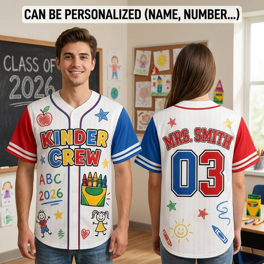 Personalized Kinder Crew Teacher Baseball Jersey - Custom Name & Number Back to School Gift