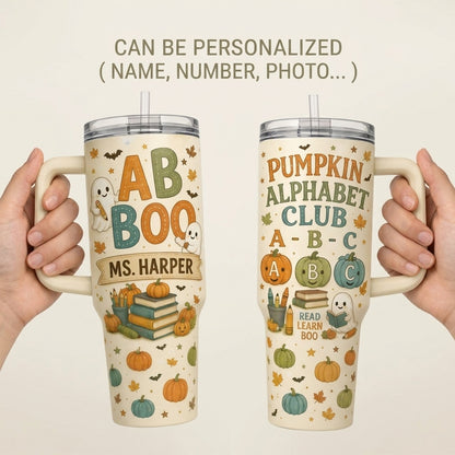 Personalized 40oz Tumbler with Handle - Pumpkin Alphabet Club Teacher Halloween Gift - Custom Name