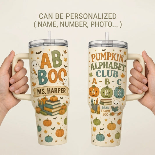 Personalized 40oz Tumbler with Handle - Pumpkin Alphabet Club Teacher Halloween Gift - Custom Name