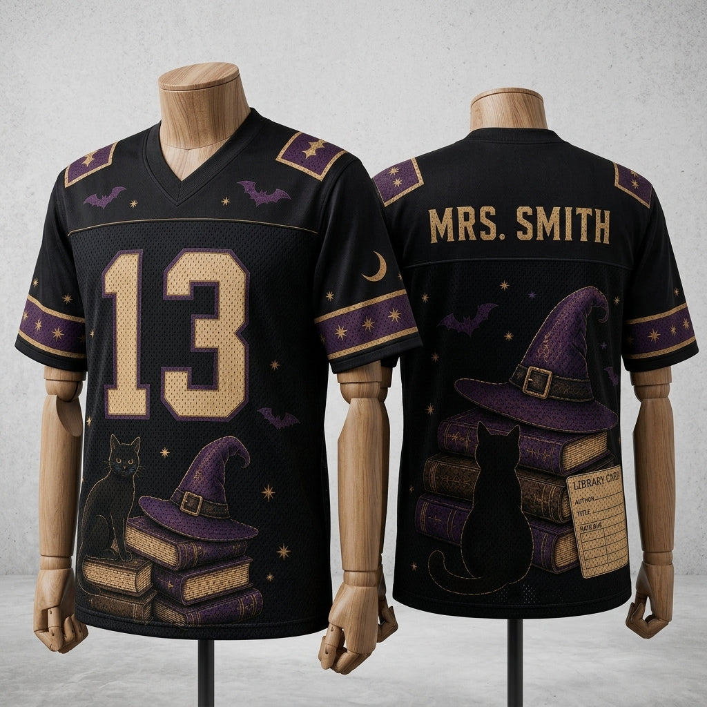 Personalized Witchy Librarian Halloween Football Jersey - Custom Name Spooky Bookworm Apparel