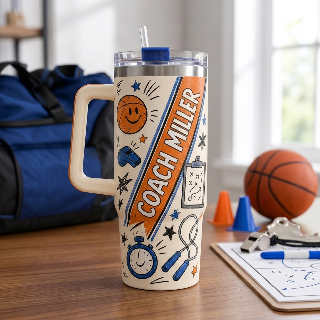 Personalized PE Teacher Crew 40oz Tumbler with Handle, Custom Coach Name Gift for Gym Teachers and Coaches