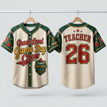 Personalized Grade Level Game Day Crew Teacher Baseball Jersey - Custom Name and Number School Spirit Shirt