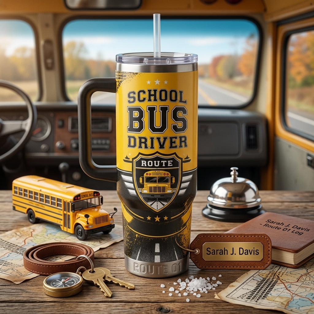 Personalized School Bus Driver 40oz Tumbler with Handle - Custom Name Yellow Bus Appreciation Gift