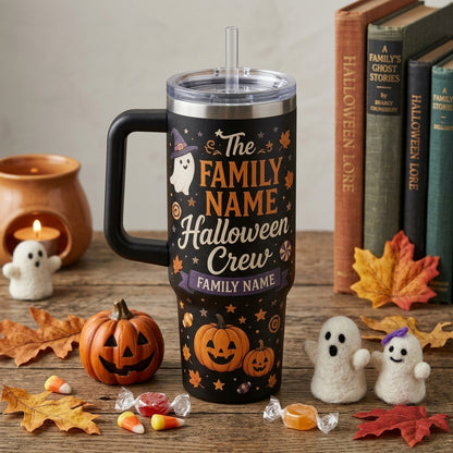 Personalized Halloween Crew 40oz Tumbler with Handle - Custom Family Name Ghost & Pumpkin Insulated Mug