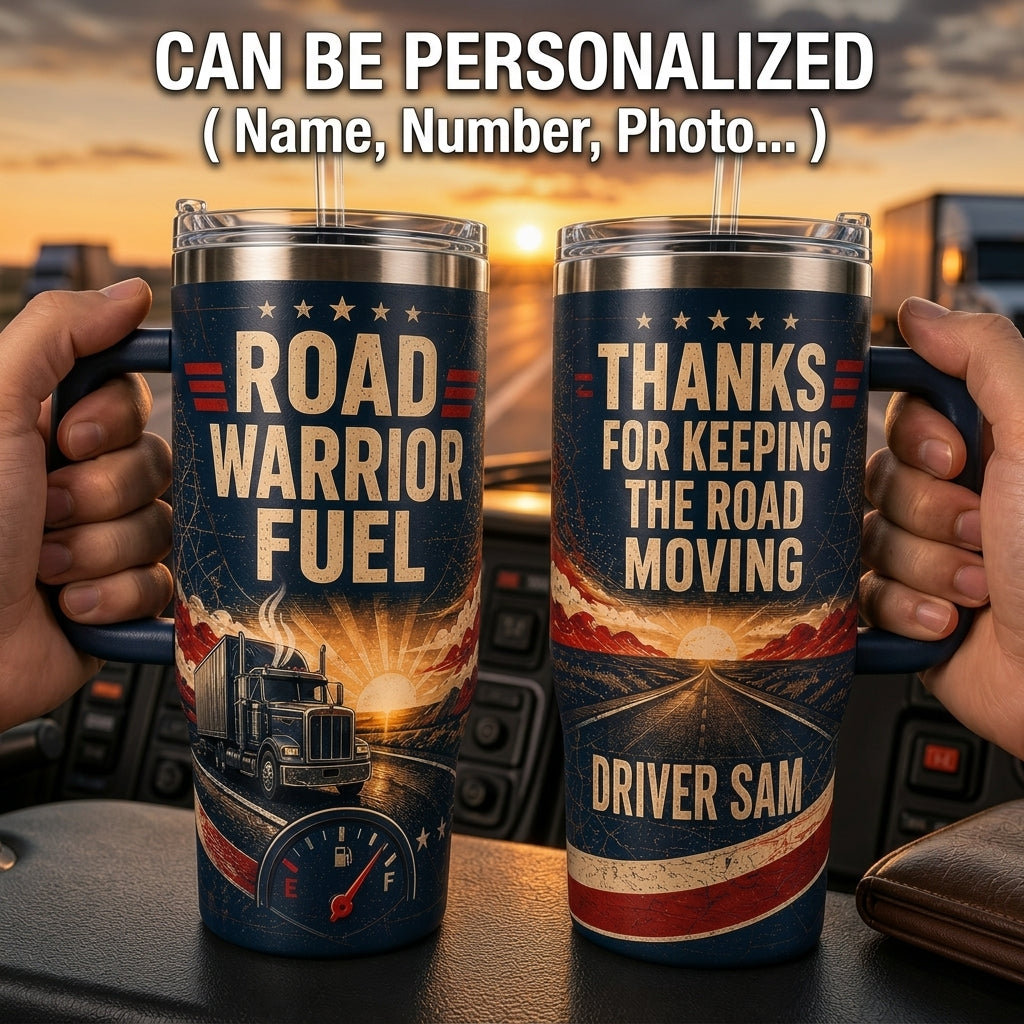 Personalized Trucker 40oz Tumbler with Handle - Road Warrior Fuel Custom Name Gift