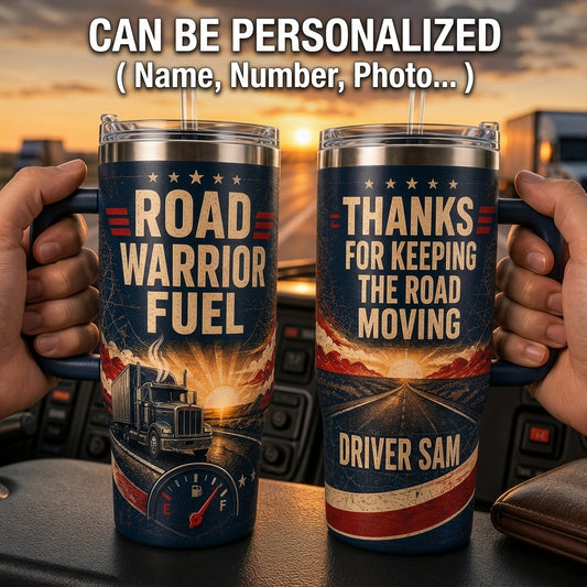 Personalized Trucker 40oz Tumbler with Handle - Road Warrior Fuel Custom Name Gift
