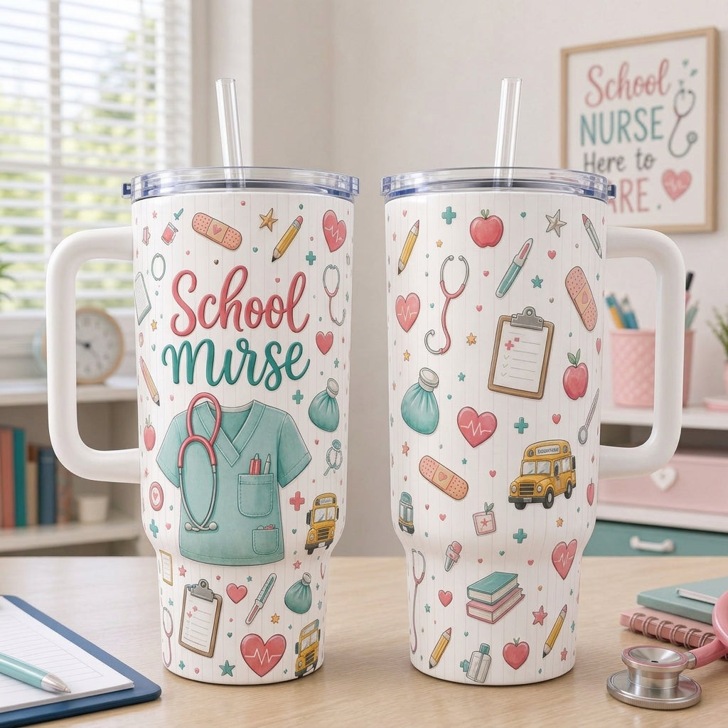 School Nurse 40oz Tumbler with Handle - Cute Healthcare Appreciation Gift for School Nurses