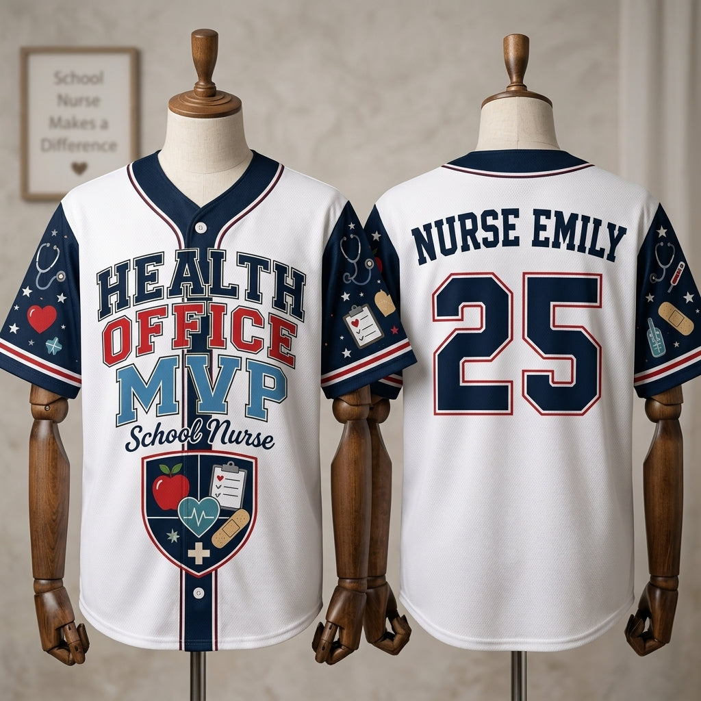 Personalized School Nurse Baseball Jersey - Custom Health Office MVP Shirt - Customizable Name & Number Gift