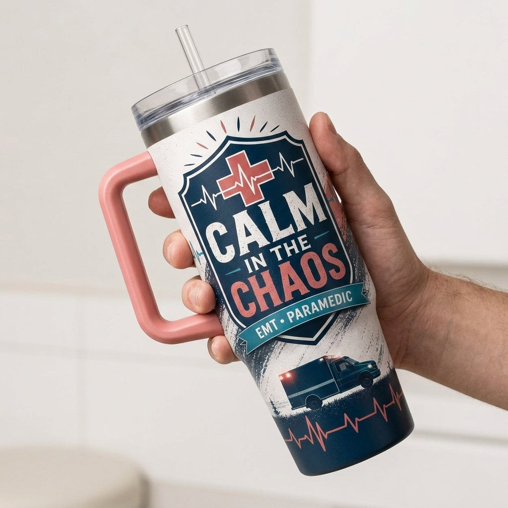Personalized EMT Paramedic Calm in the Chaos 40oz Tumbler with Handle, Custom Name First Responder Gift product view 4