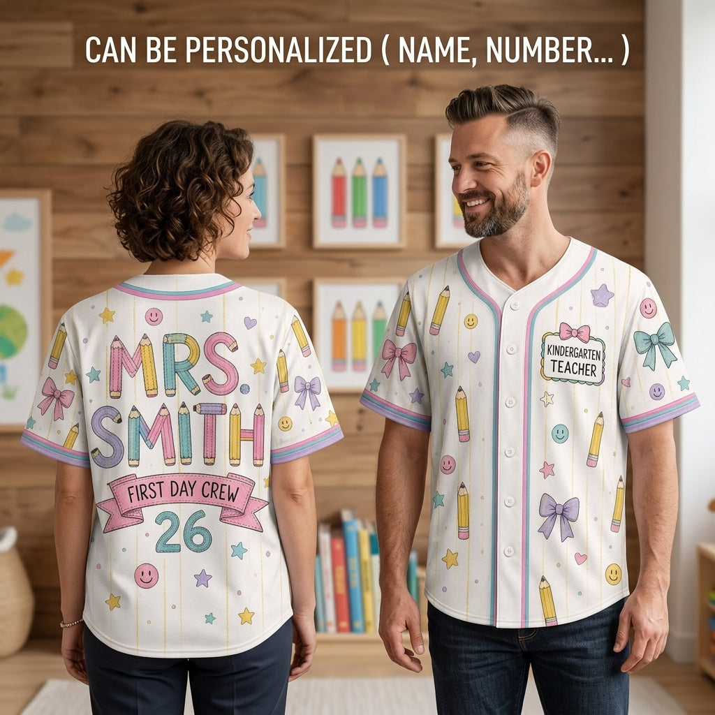Personalized Kindergarten Teacher Baseball Jersey - Custom Name Mrs Smith First Day Crew Back to School Outfit