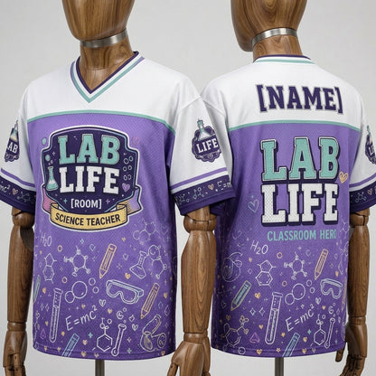 Personalized Science Teacher Lab Life Football Jersey - Custom Name and Room Number Mesh Athletic Shirt