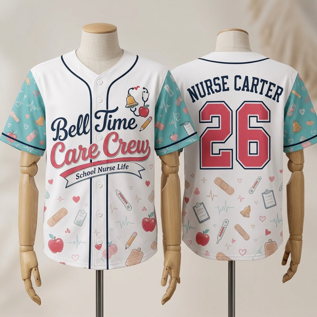 Personalized School Nurse Baseball Jersey - Custom Name Bell Time Care Crew Shirt