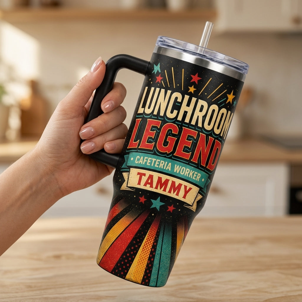 Personalized Lunchroom Legend 40oz Tumbler with Handle, Custom Cafeteria Worker Gift
