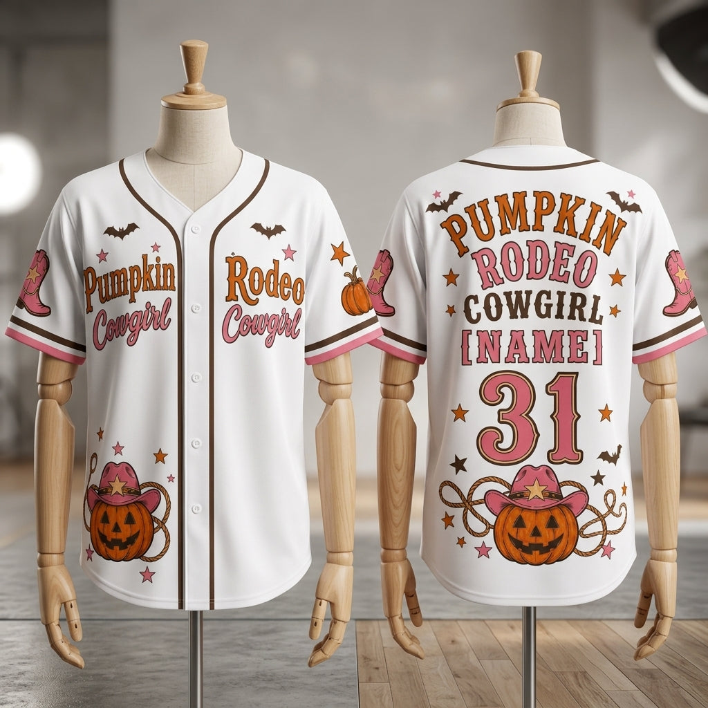 Personalized Pumpkin Rodeo Cowgirl Halloween Baseball Jersey - Custom Name & Number Western Shirt