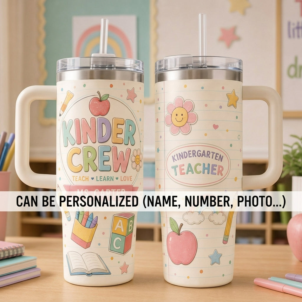 Personalized Kinder Crew 40oz Tumbler with Handle - Custom Kindergarten Teacher Name Gift