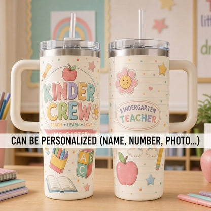 Personalized Kinder Crew 40oz Tumbler with Handle - Custom Kindergarten Teacher Name Gift