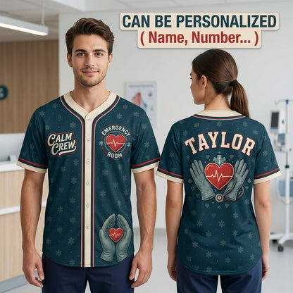 Personalized Emergency Room Nurse Baseball Jersey - Custom Calm Crew Healthcare Gift for Medical Professionals