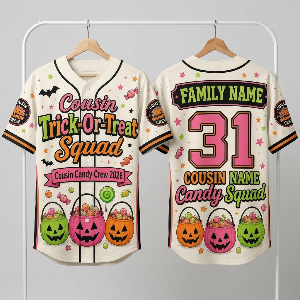 Personalized Cousin Trick-Or-Treat Squad Baseball Jersey - Custom Family Halloween Candy Crew Shirt