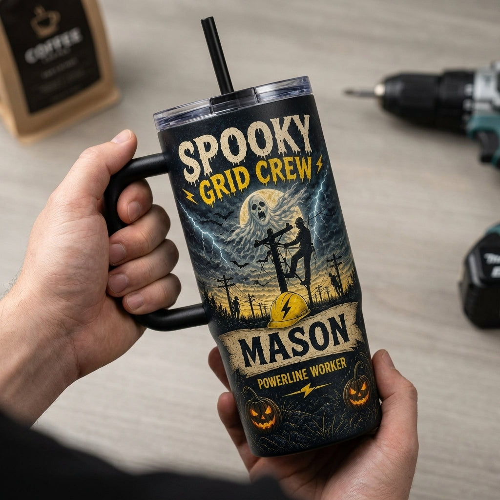 Personalized Spooky Grid Crew 40oz Tumbler with Handle, Custom Name Halloween Gift for Lineman Powerline Worker