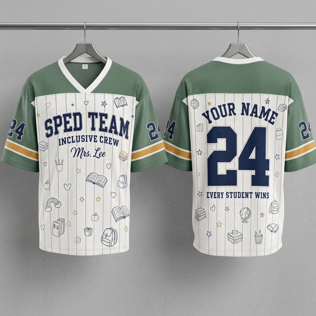 Personalized SPED Team Teacher Football Jersey - Custom Name Inclusive Crew Drop Shoulder Mesh Shirt