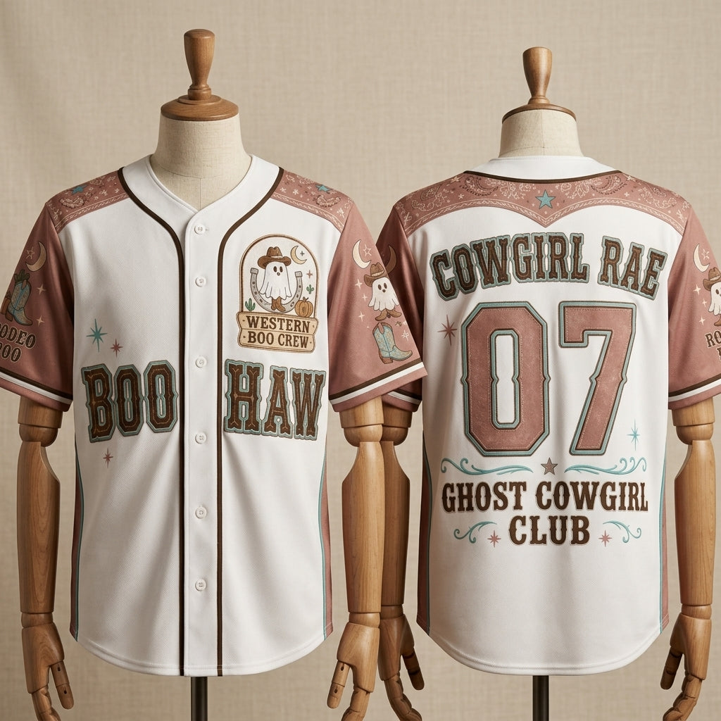 Personalized Ghost Cowgirl Halloween Baseball Jersey - Custom Name Western Boo Crew Boo Haw Jersey