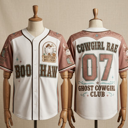 Personalized Ghost Cowgirl Halloween Baseball Jersey - Custom Name Western Boo Crew Boo Haw Jersey