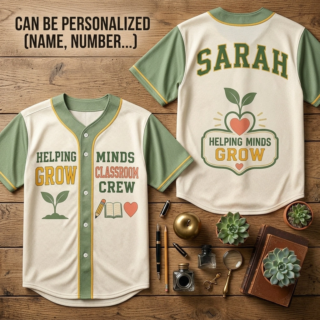 Personalized Helping Minds Grow Teacher Baseball Jersey - Custom Name Classroom Crew Sporty Shirt