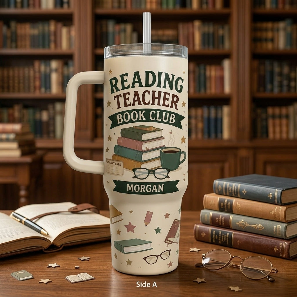 Personalized Reading Teacher Book Club 40oz Tumbler with Handle, Custom Bookish Gift for Teachers
