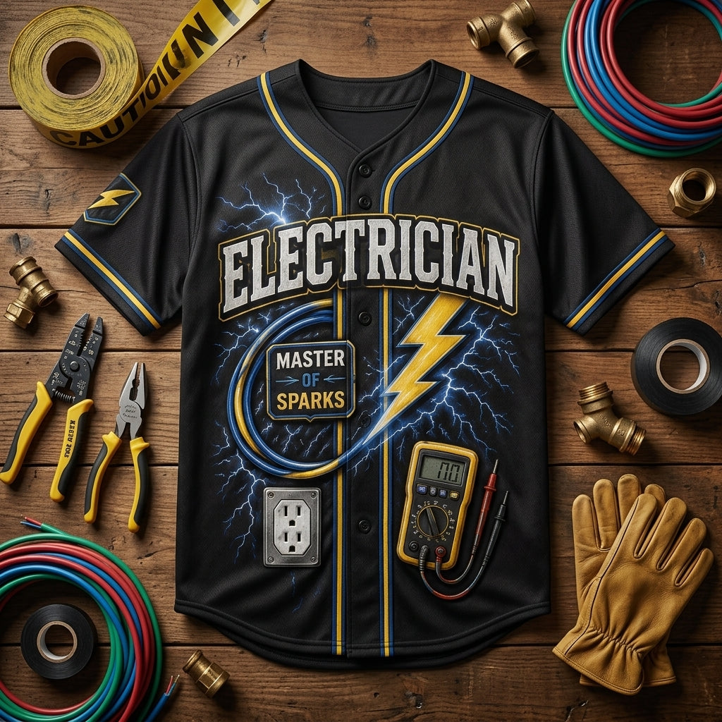 Personalized Electrician Baseball Jersey - Custom Name and Year Master of Sparks Gift