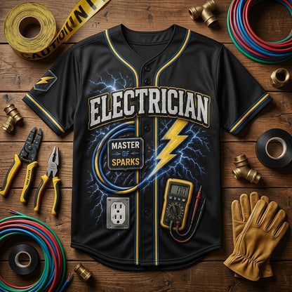 Personalized Electrician Baseball Jersey - Custom Name and Year Master of Sparks Gift