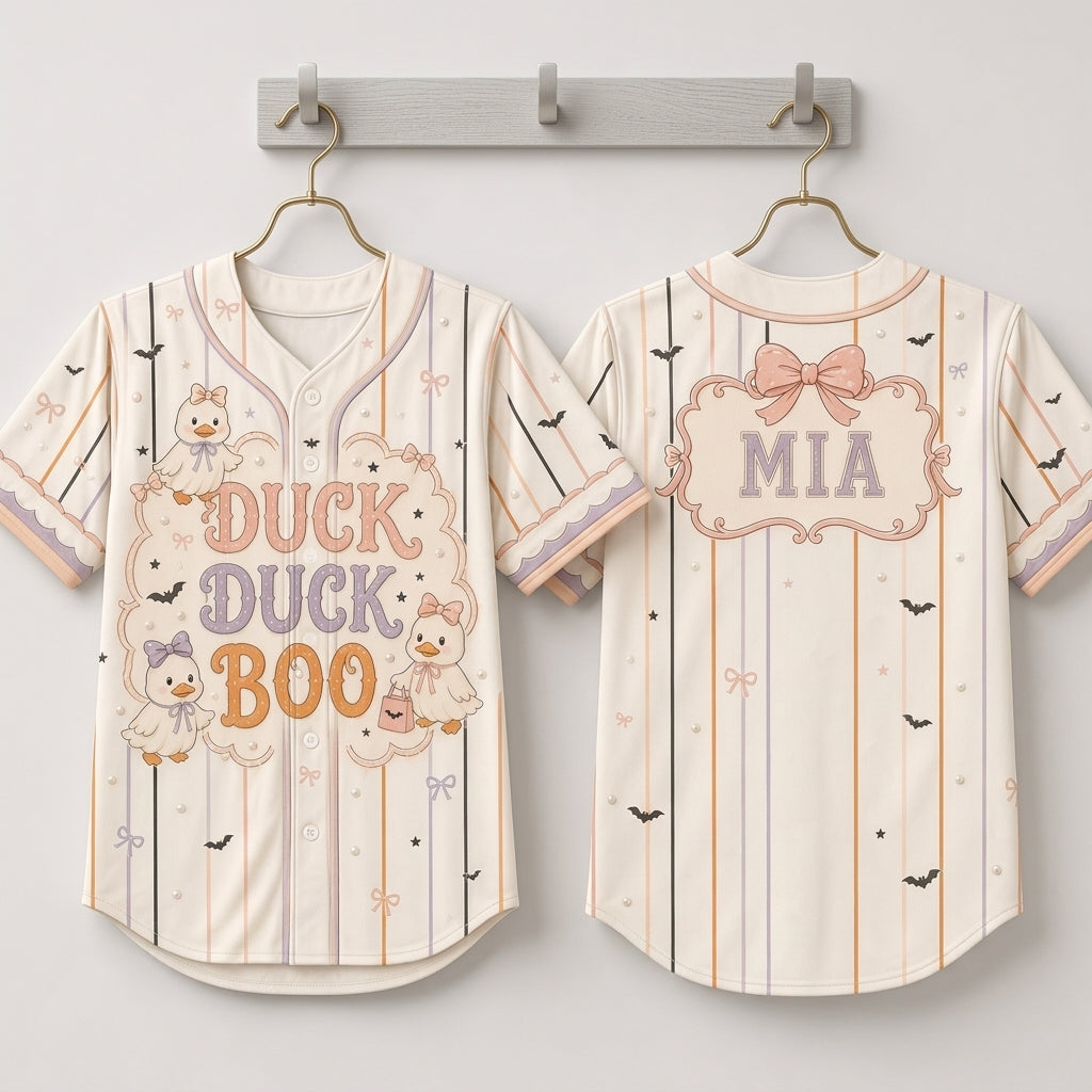 Personalized Duck Duck Boo Halloween Baseball Jersey - Custom Name Pink Coquette Aesthetic Jersey