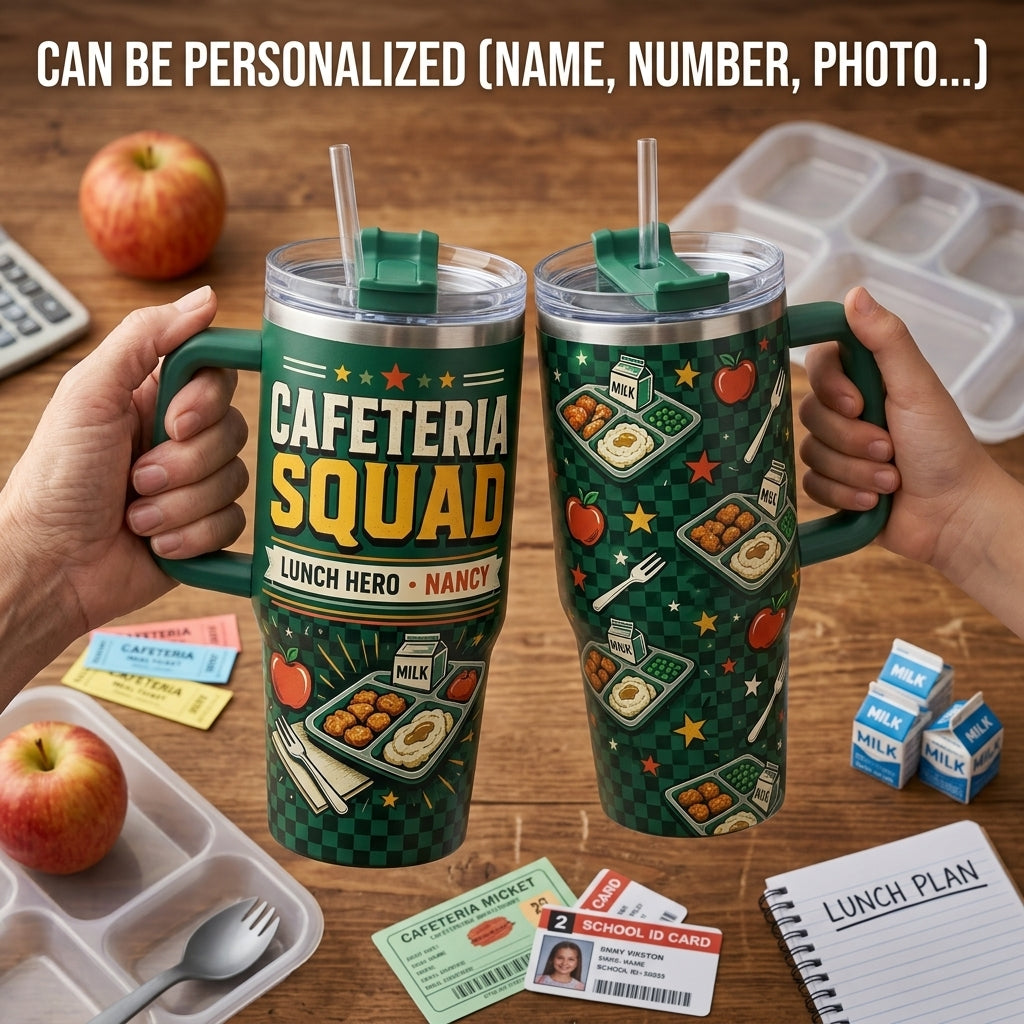 Personalized Cafeteria Squad 40oz Tumbler with Handle - Custom Name Lunch Hero School Gift